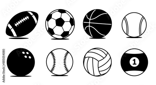 Collection of Various Sports Balls in Black and White Outline.