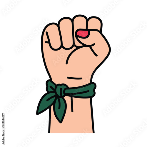 Raised fist with green scarf isolated on, symbolizing feminist movement, womens rights, and social justice, suitable for activism and empowerment