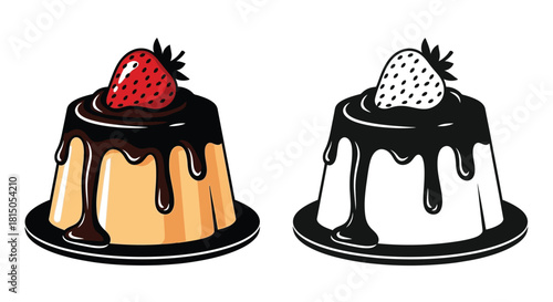 Two delicious chocolate puddings topped with fresh strawberries color and monochrome