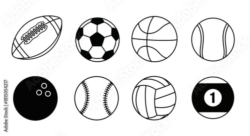 Collection of Various Sports Balls in Black and White Outline.