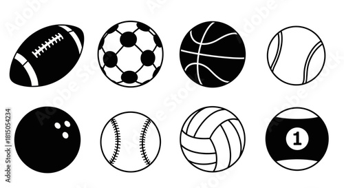 Collection of Various Sports Balls in Black and White Vector Graphics.