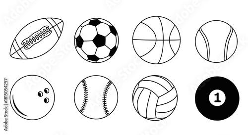 Collection of Various Sports Balls Line Art Illustration.