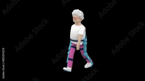 Senior female wearing an exoskeleton. Animation on a mature woman walking in an exoskeleton using for rehabilitation, 3d render, alpha channel.