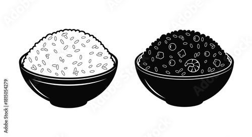 Two bowls of rice one white and one black presented in a simple style