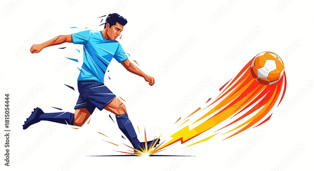 Fototapeta premium Dynamic Soccer Player Kicking Ball with Energy Trail Illustration.