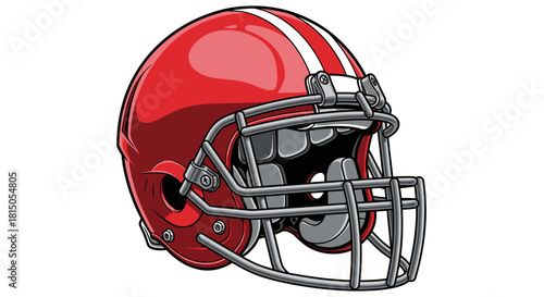 Red Football Helmet with Silver Facemask and White Stripes.