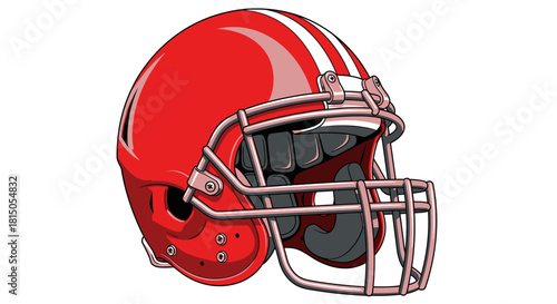 Red Football Helmet with White Stripes and Face Mask.