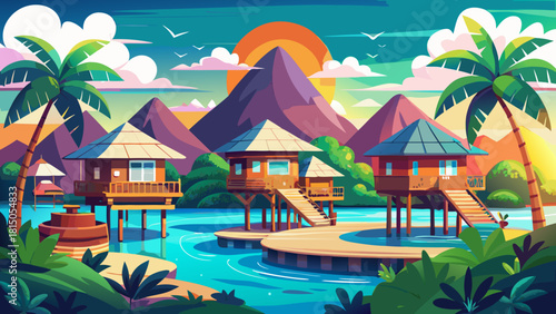 Very beautiful luxury resort featuring overwater bungalows set in a tropical paradise, offering a serene vacation destination ideal for travel guides, planning inspiration, and dreamy getaway experien