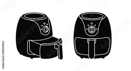 Two black and white air fryer appliance illustrations displayed side by side