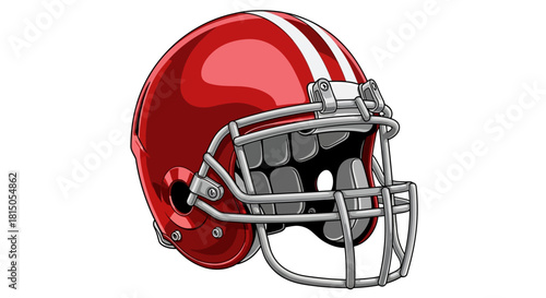 Red Football Helmet with White Stripes and Gray Facemask.