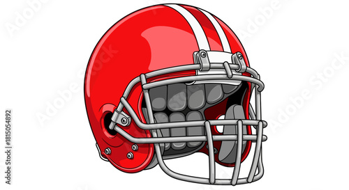 Red Football Helmet with White Stripes and Gray Facemask.