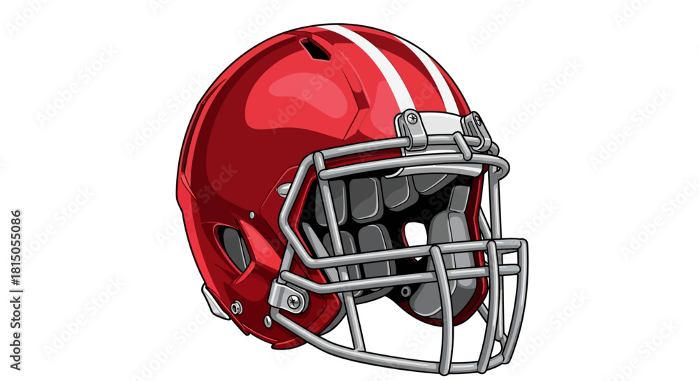 Naklejka premium Red Football Helmet with White Stripes and Silver Facemask.