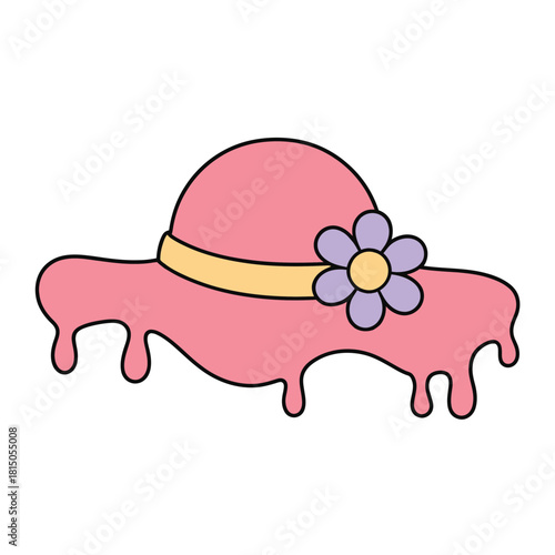 A whimsical pink hat with a dripping brim and a delicate purple flower, isolated on this charming illustration evokes a sense of playful elegance