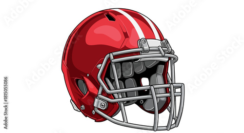 Red Football Helmet with White Stripes and Silver Facemask.