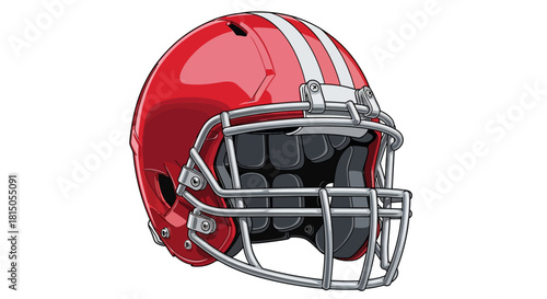Red Football Helmet with White Stripes and Silver Facemask.