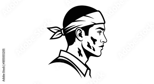 Man with bandana profile portrait with face paint looking forward.