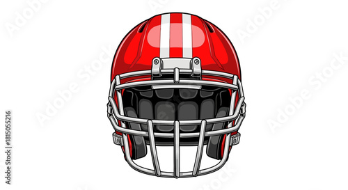 Red Football Helmet with White Stripes and Silver Facemask.