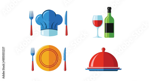 Illustrations of culinary items including a chef s hat wine and dinnerware