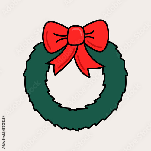 Minimalist Wreath Icon Isolated on Clear Background with Big Red Bow Ribbon