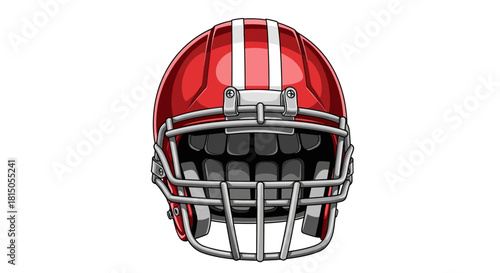 Red Football Helmet with White Stripes and Silver Facemask.