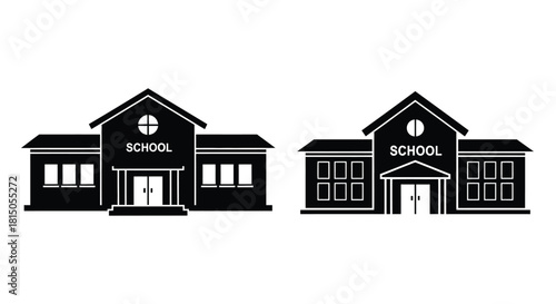 Two simple black and white illustrations of school buildings side by side