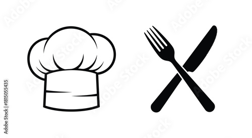 Chef s hat fork and knife illustration in a simple black and white design