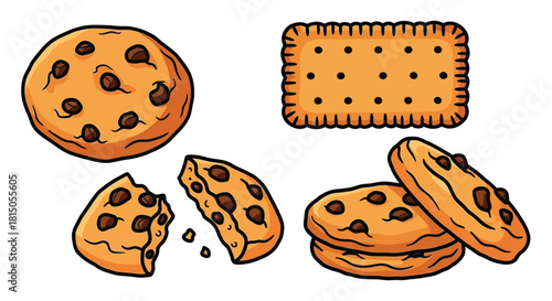 A delightful assortment of chocolate chip cookies and a rectangular biscuit