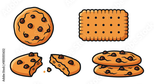 Delicious chocolate chip cookies and rectangular biscuits in a charming illustration