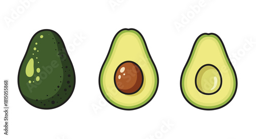 A visual depiction of avocado stages whole halved and with a pit