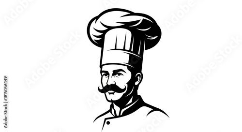 Professional Chef with Moustache Wearing Toque Hat.
