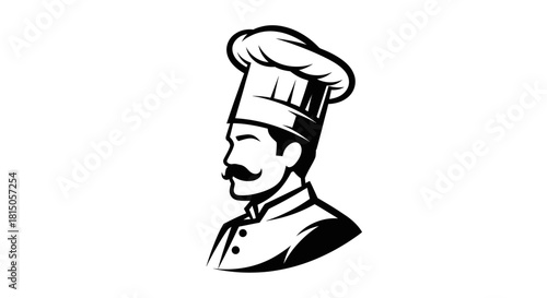 Chef with mustache and tall hat illustration.