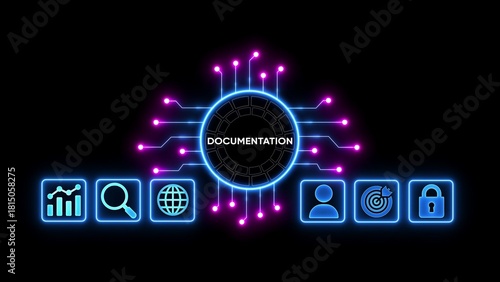 Neon glowing circuit board with central circle displaying the word D O C U M E N T A T I O N and surrounding icons for analytics search globe user target and lock on black background