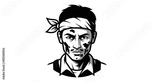 Intense Black and White Portrait of a Gritty Man with Bandana and Dirty Face.