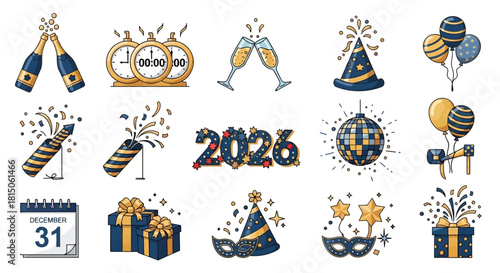 Celebrate 2026 New Year's Eve with festive party icons and decorations for a sparkling celebration with confetti and gifts, fun and joy for everyone