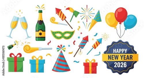 Celebrate New Year 2026 with festive party icons including champagne, gifts, noisemakers, and fireworks for a joyful holiday celebration