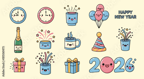Celebrate 2026 New Year's Eve with adorable cartoon party elements and festive cheer, perfect for invitations, social media, and delightful holiday fun