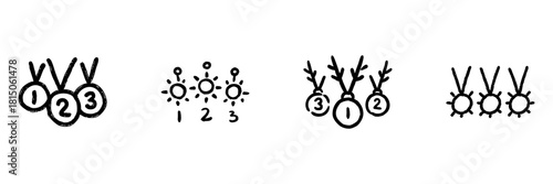 Medals And Awards Line Icon Set In Doodle Style. Achievement Recognition, Competition Ranking, And Prize Symbols Outline Sketch Collection. Hand Drawn Isolated Vector Illustration