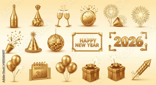 Elegant golden 2026 New Year's celebration elements for festive designs like invitations, cards, or banners, promising joy and prosperity for the coming year