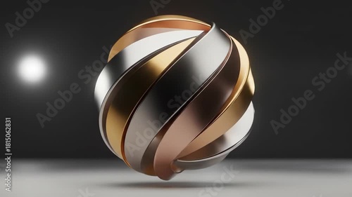 Abstract Metallic Ribbon Sphere Modern Decorative Element in Gold, Silver, and Bronze Tones