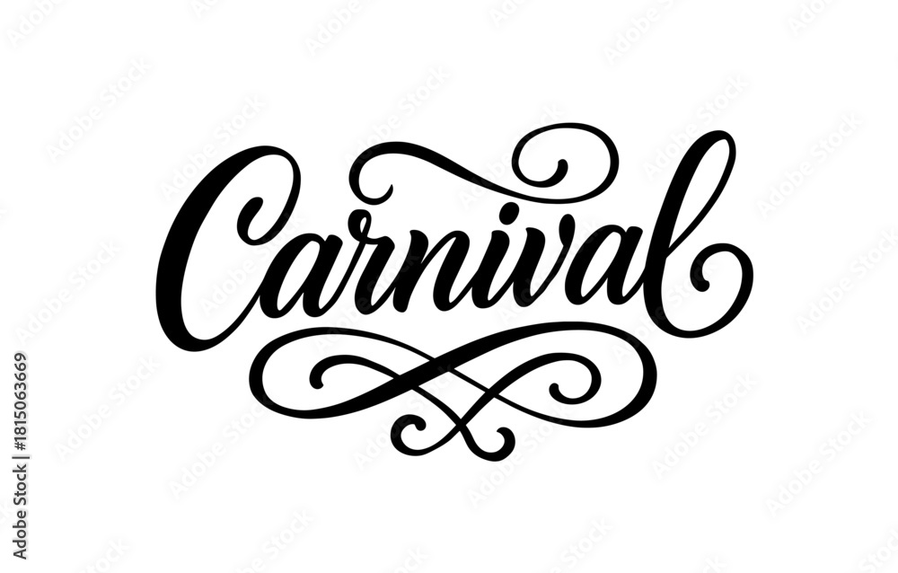 Naklejka premium Elegant handwritten carnival script with decorative swirls for festive design
