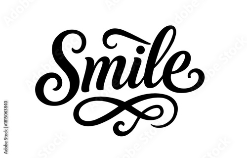 Elegant calligraphy word art featuring "smile" in black script