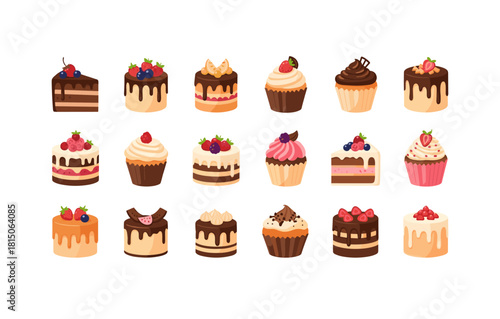 Delicious assorted cakes and cupcakes with chocolate and fruit toppings on white background