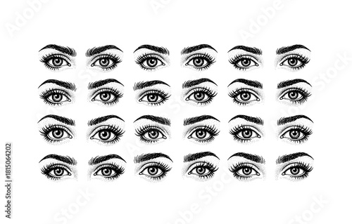 Detailed black and white eye sketches with various expressions