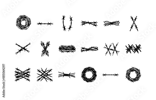 Set of barbed wire bundles and designs on white background