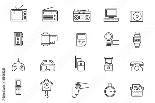 Retro Tech Gadgets Vector Icons Vintage Devices Electronics Media Players Gaming Communication Timepieces Outline