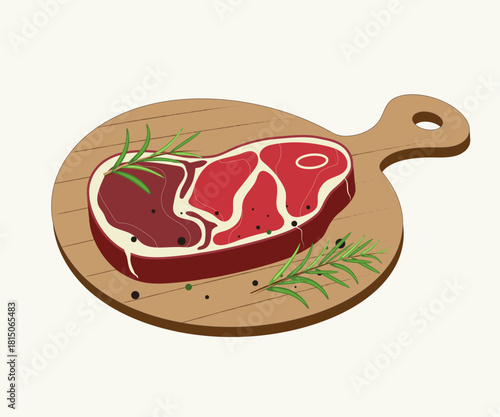 Steak with rosemary sprigs on a wooden board, peppercorns, raw meat