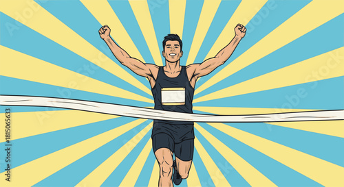Man runner crossing the finish line. Illustration of athletic looking male runner running. Multilayered SVG version.	