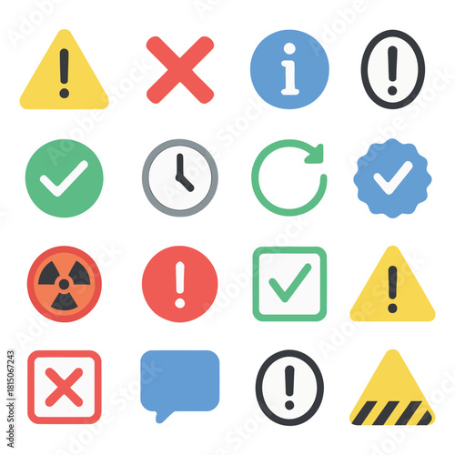 Warning Signs and Icons: A comprehensive collection of informational symbols, warnings, and navigational elements, ideal for digital interfaces, presentations, and design projects.