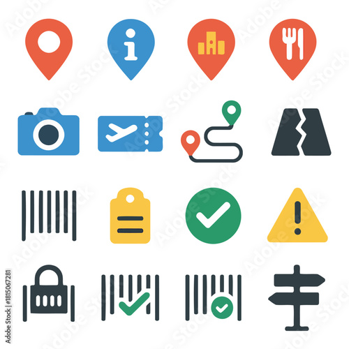 Icon Set: A collection of distinct icons, designed with flat style, encompasses a variety of symbols pertinent to wayfinding, guidance, and assorted informational purposes. 