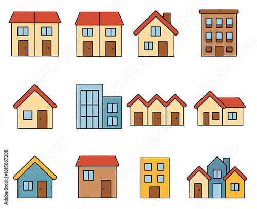 Houses in a Row: A collection of various house illustrations. Presenting an array of house designs, suitable for real estate.